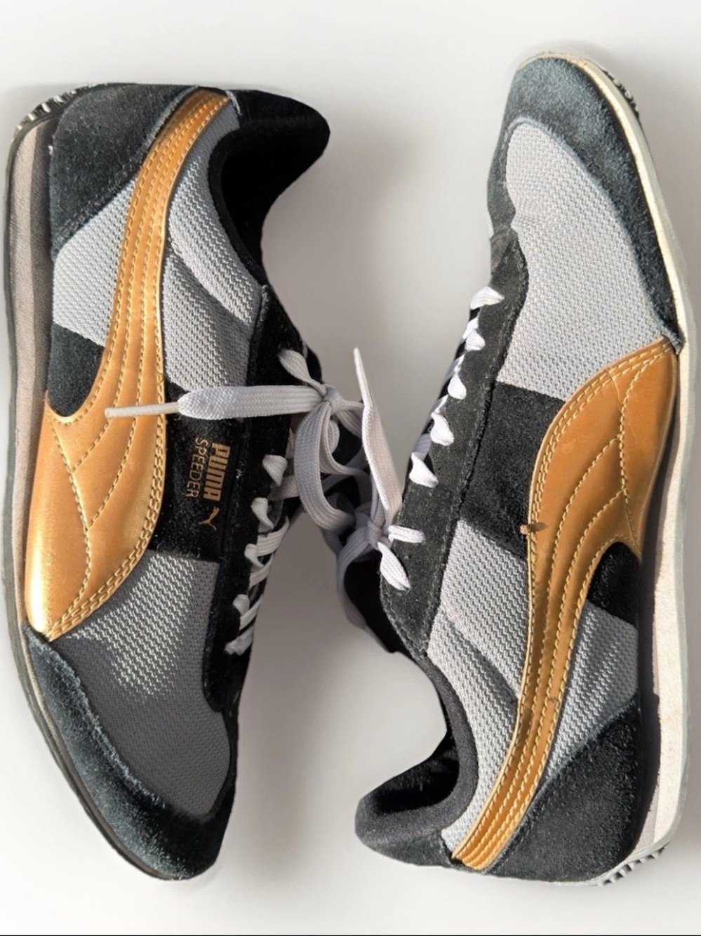 Puma Speeder Running Shoes Women Sneaker Retro Black Gold Suede Streetwear 8.5